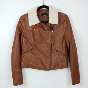Faux Leather Moto Jacket Faux Shearling Collar